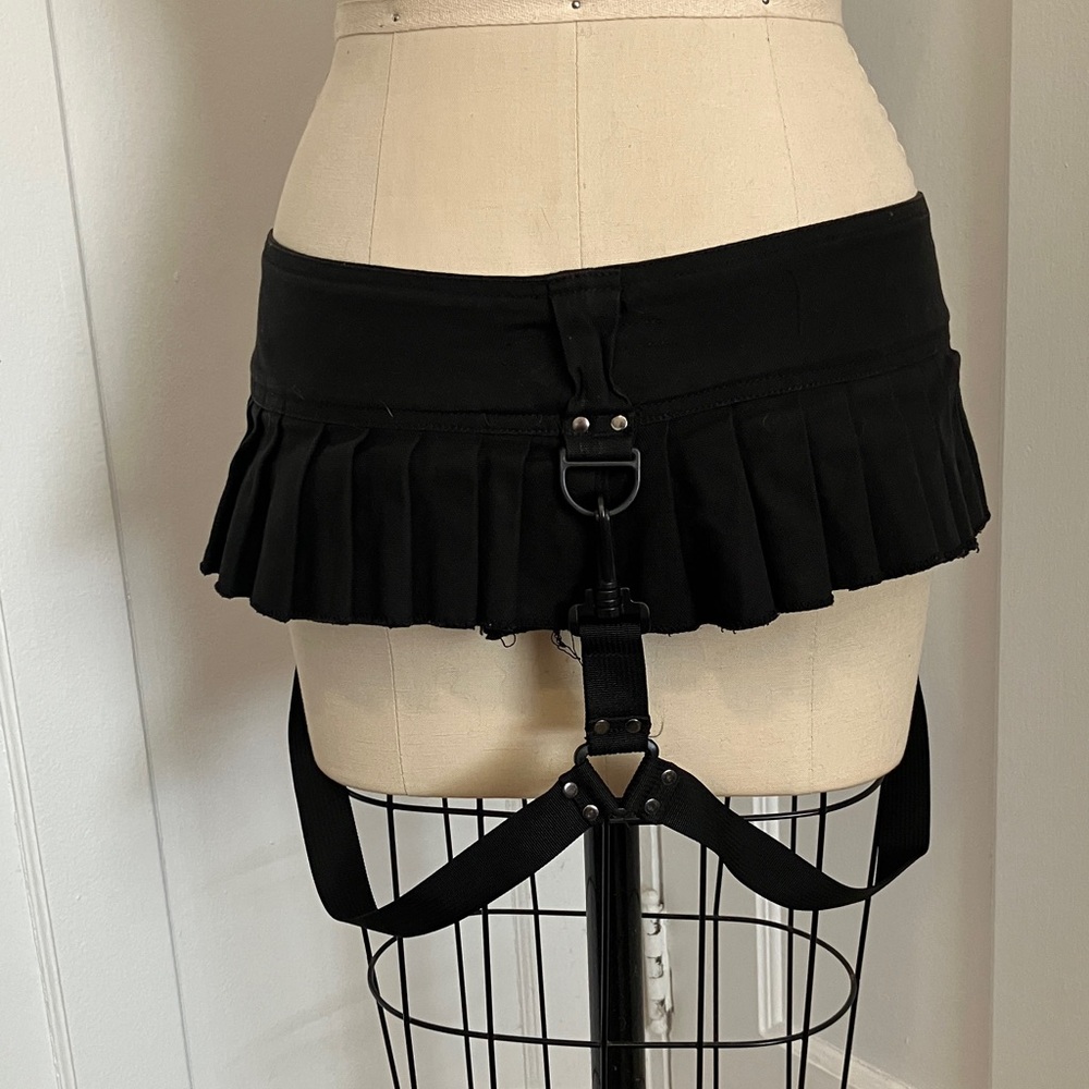 Black Micro Mini Pleated Skirt W/ bondage straps from Crisiswear